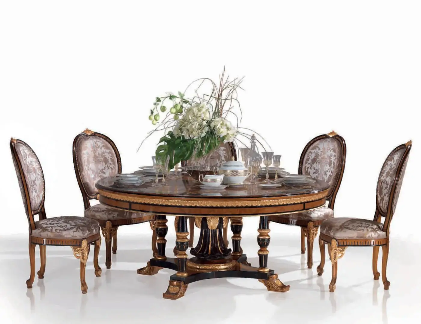 Exceptional Armando Rho 1205 chair with walnut-tone finish and exquisite black gold leaf accents reflecting Italian craftsmanship