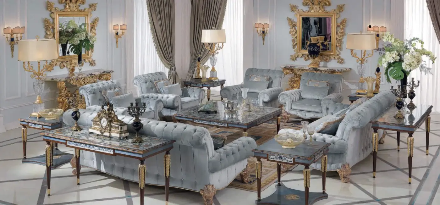 Distinguished Armando Rho A1232 sofa with elegantly curved silhouette, tufted backrest, and ornate glossy wood accents in muted gray textile