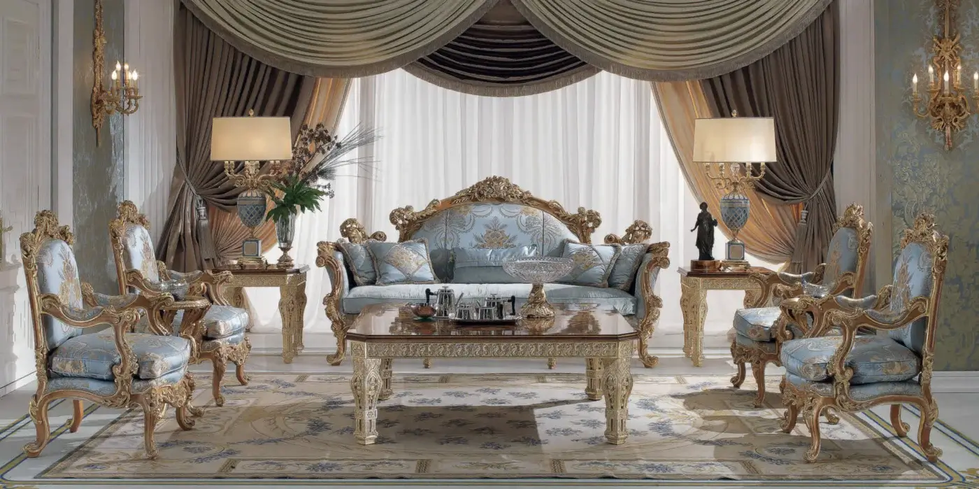 Distinguished Armando Rho A1225 sofa with pale blue textile and sculpted natural oak frame accented with refined gold leaf detailing