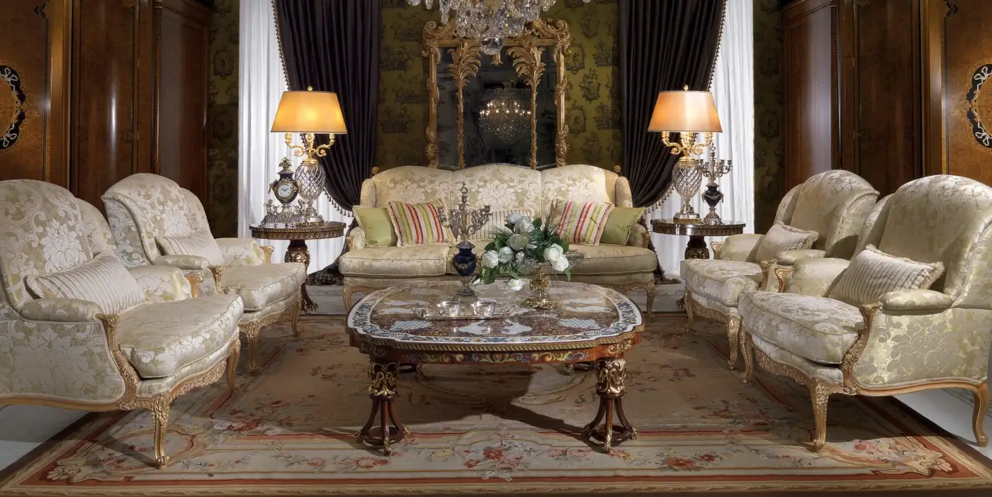 Distinguished Armando Rho A1177 sofa crafted in Italy with natural oak wood, gold leaf accents, and creamy beige floral upholstery