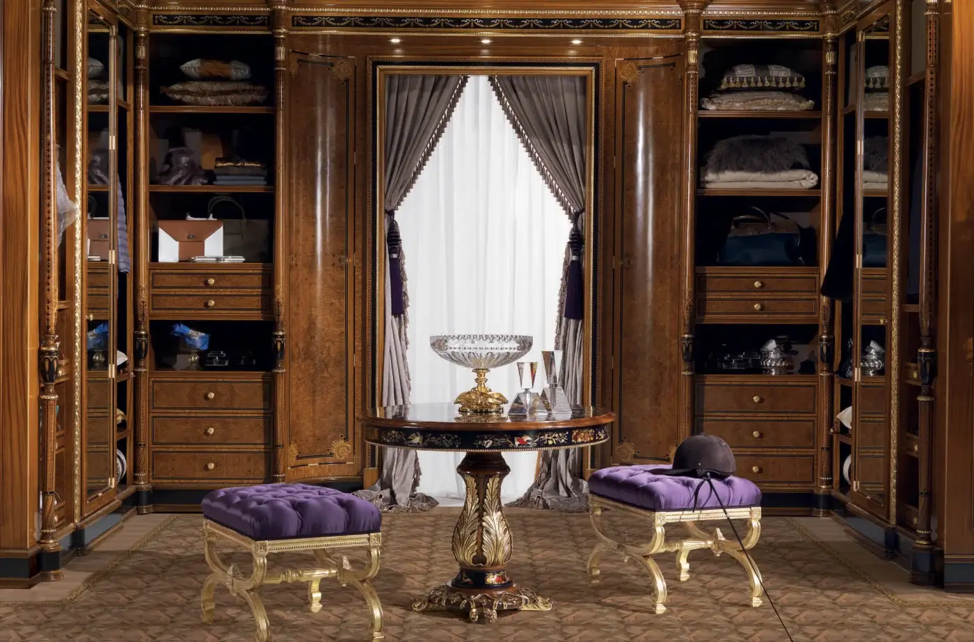 Distinguished Armando Rho A1190 ottoman crafted in deep purple textile with luminous gold leaf finish