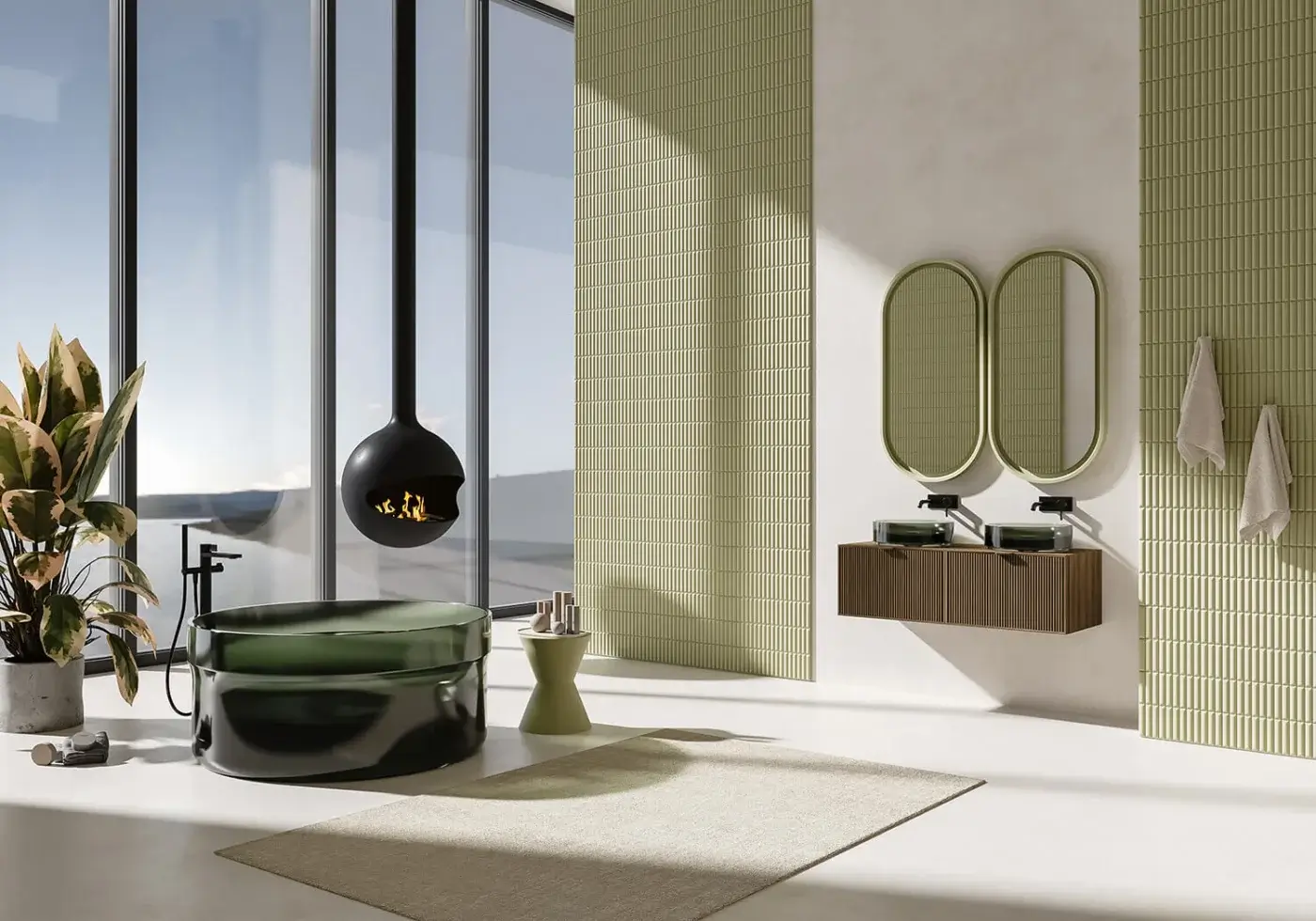 Distinguished Norah Design ISBT 01 bathtub crafted in Norahcrystal with dark green glossy finish and satin metal assembly