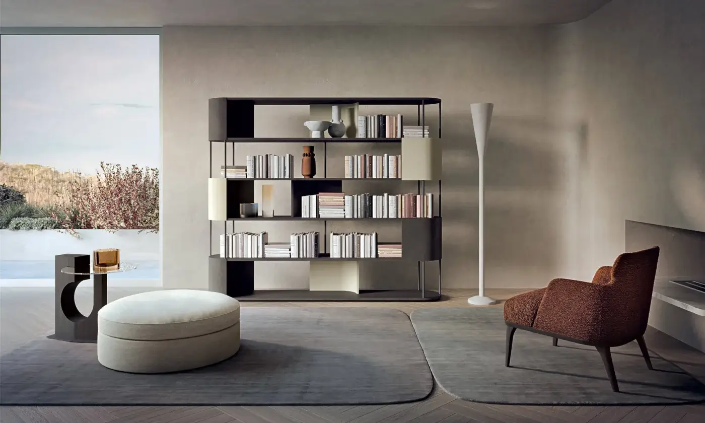 Sophisticated Carpanelli Gae bookcase built in dark gray-brown wood with a black metal frame and satin finish