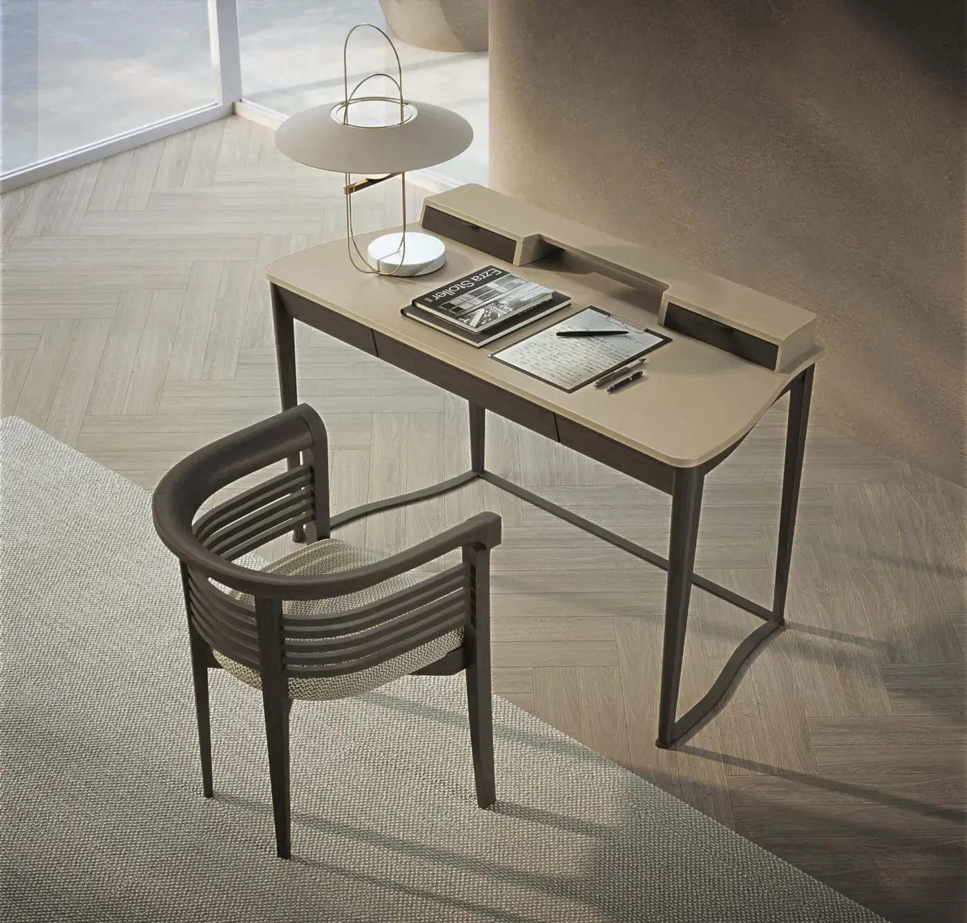 Distinctive Carpanelli Dolfin chair crafted in solid ash wood with dark gray textured synthetic fiber weave and metal frame finish