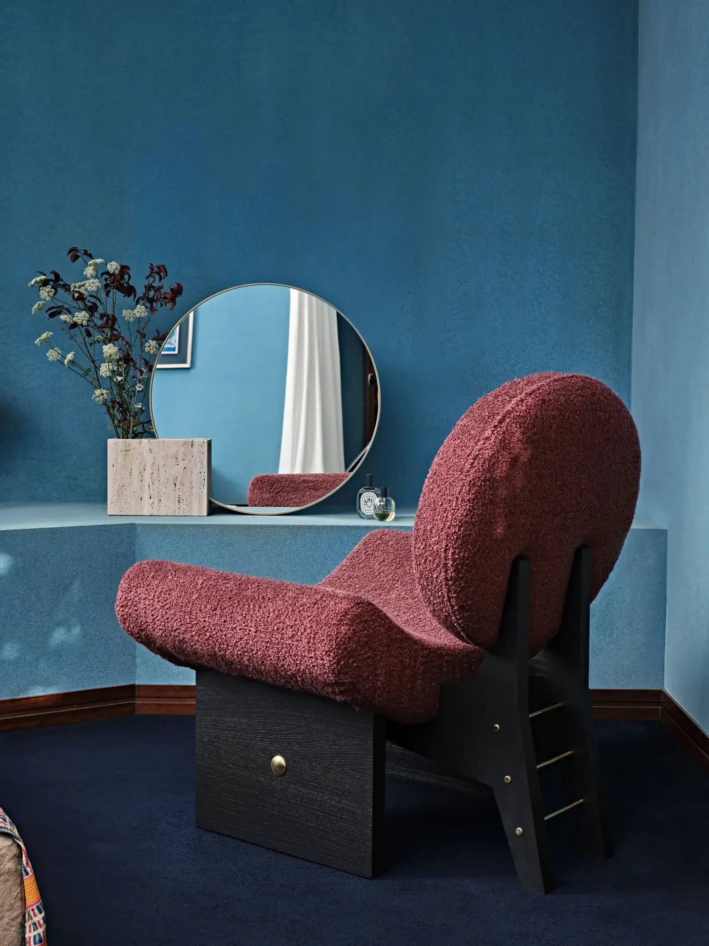 Exquisite Black Tie Onika lounge chair with rose-toned bouclé upholstery and dark matte solid wood frame