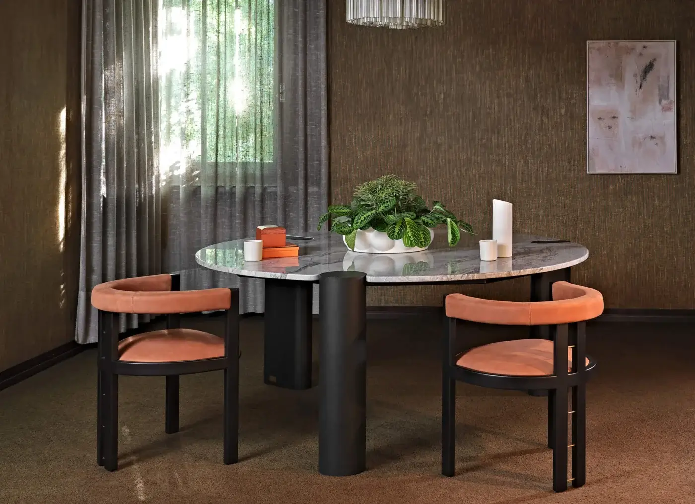 Distinguished Black Tie Amoris table crafted from precious marble and quartzite with a polished glossy finish