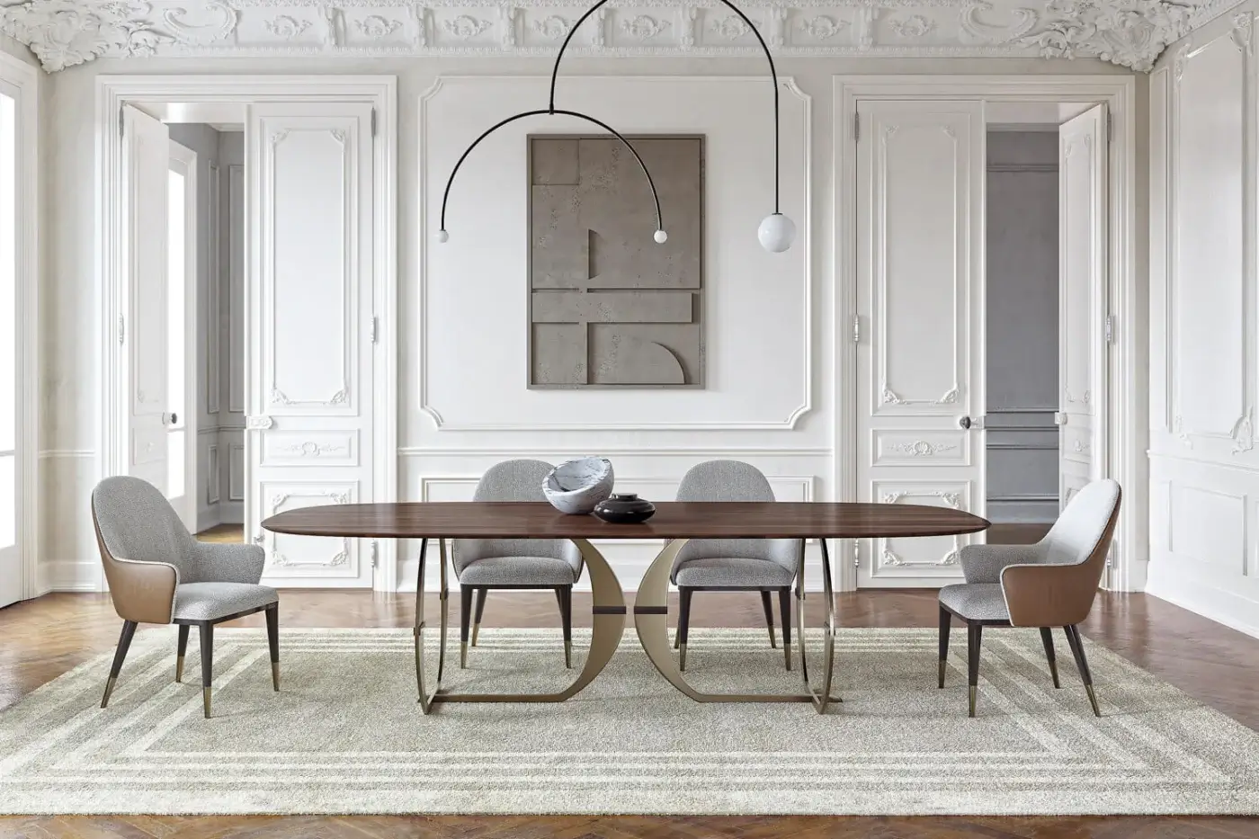 Captivating Capital Convivio table with sculpted wood tabletop and interconnected bronze-toned metal base in a satin finish