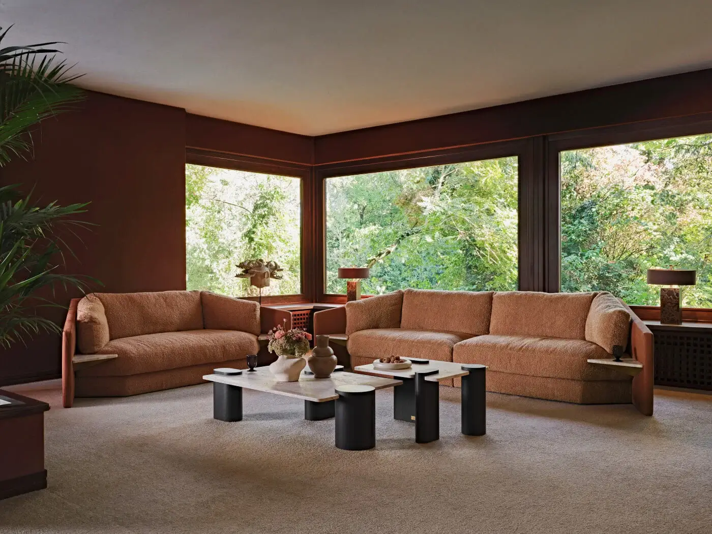 Distinguished Black Tie Lilith sofa with woven textured fabric and dark brown stained wood frame