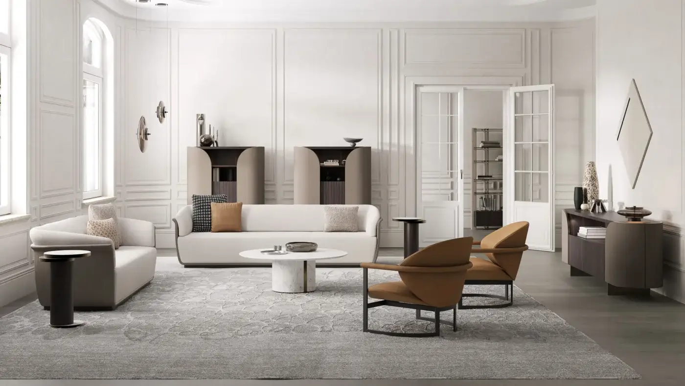 Elegant Capital Ercolino coffee table crafted in luminous marble with a matte white metal pedestal base
