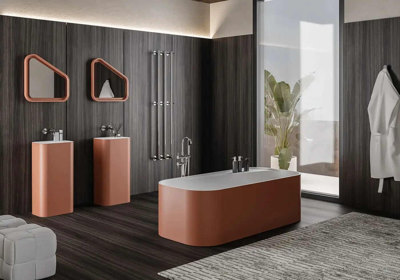 Superior Norah Design MCVSPC03 mirror with asymmetrical geometric form and terracotta toned Norahcryl frame