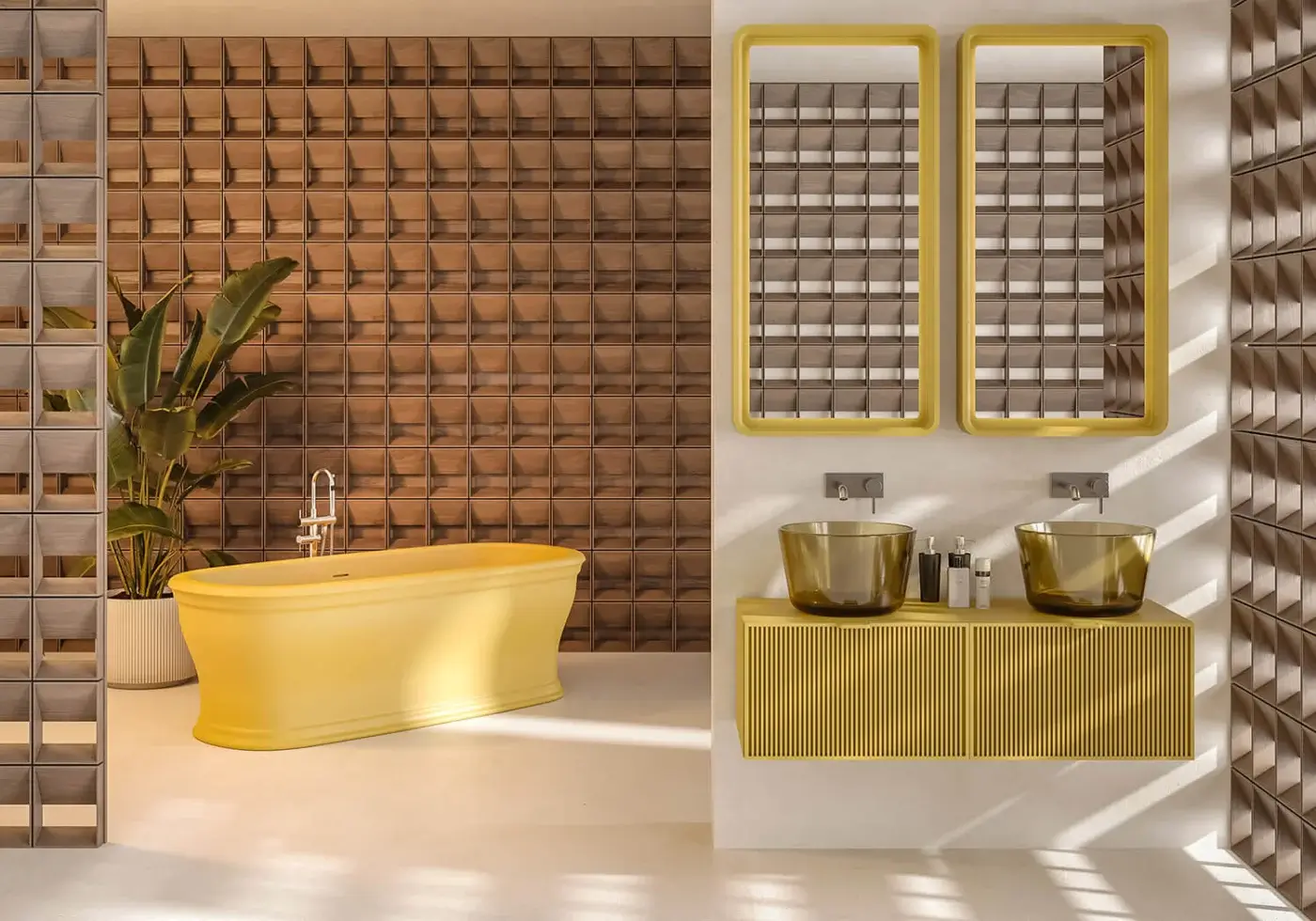Exceptional Norah Design MCVSPC05-06-07 mirror in vibrant yellow Norahcryl with a velvety matt texture and integrated LED backlighting