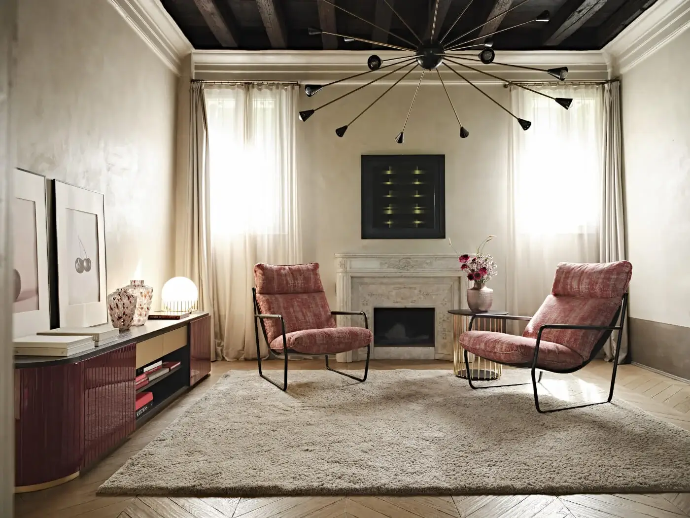 Exceptional Black Tie Clizia lounge chair with muted rose textile upholstery and matte dark-toned metal frame