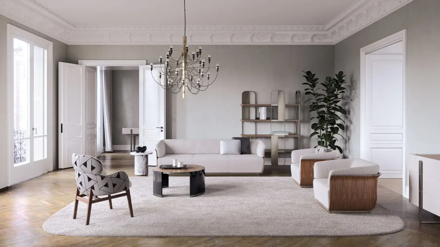 Lavish Capital Allure lounge chair with gray textile upholstery and a meticulously carved medium-toned wooden frame built in Italy