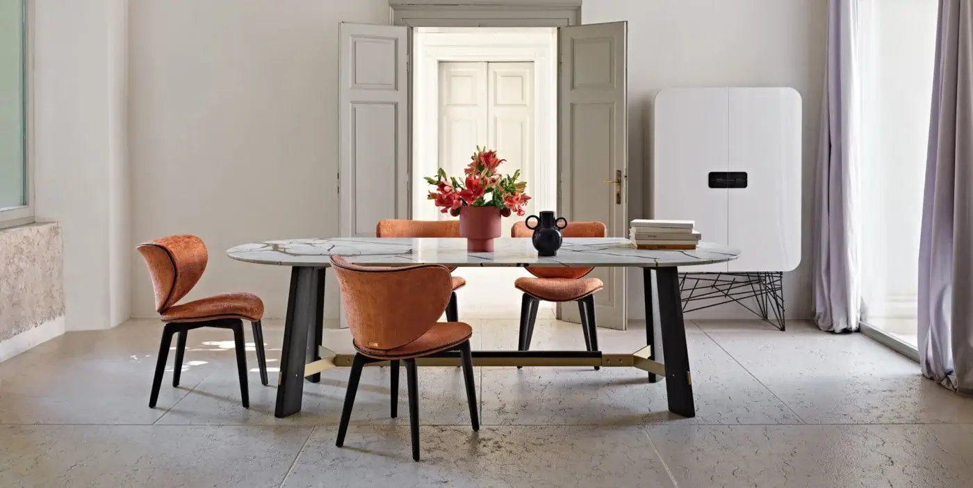 Distinguished Black Tie Medison table with light gray and white veined marble and a glossy polished finish built with dark wood and black metal