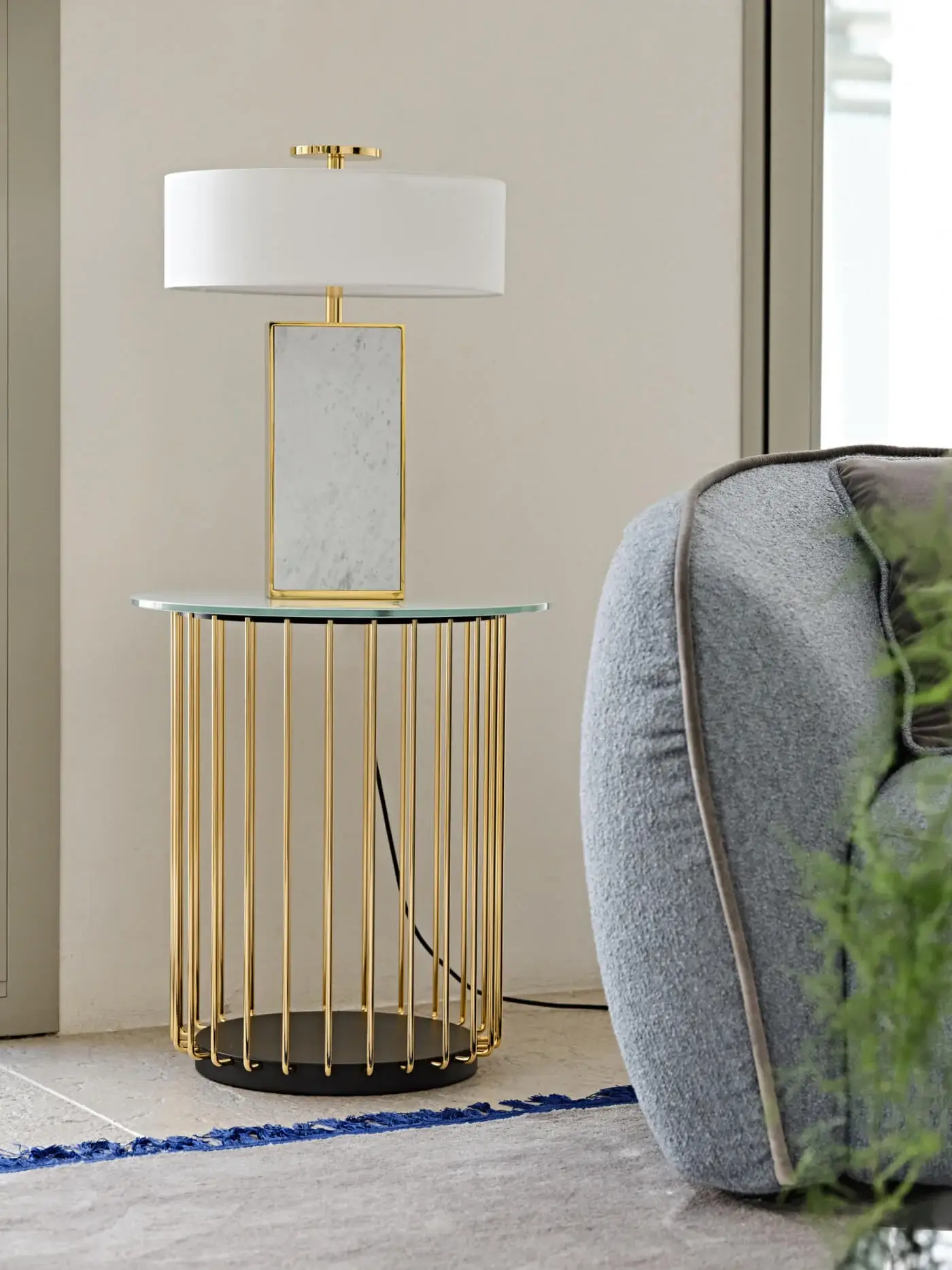Exceptional Black Tie Etan side table crafted with gold-toned metal and clear glass, featuring a black lacquered MDF base