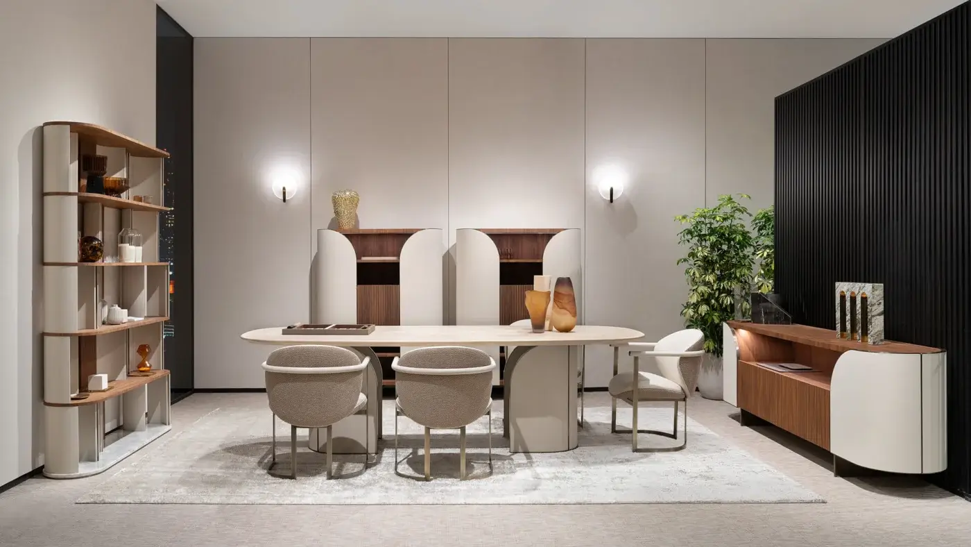Superior Capital Flora armchair with sinuous curves upholstered in light beige textile and galvanic aluminum structure