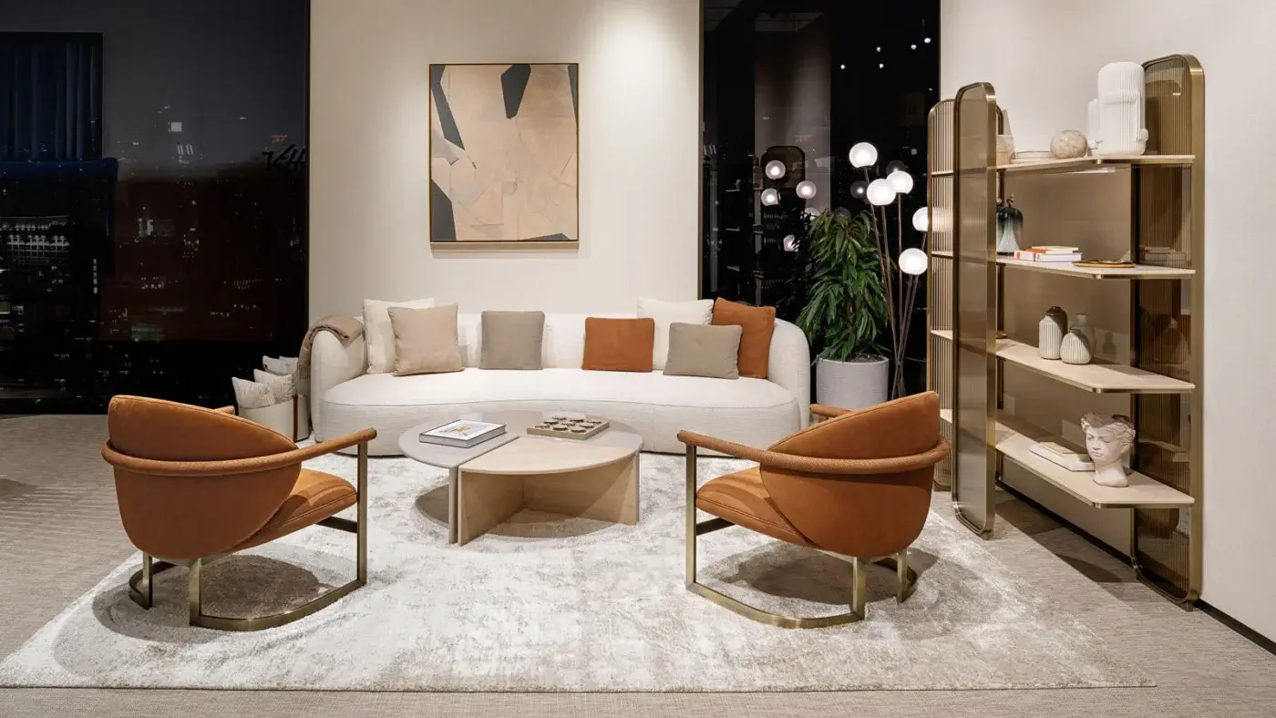 Distinguished Capital Flora lounge chair in reddish-brown textile upholstery with a galvanic aluminum base crafted in Italy