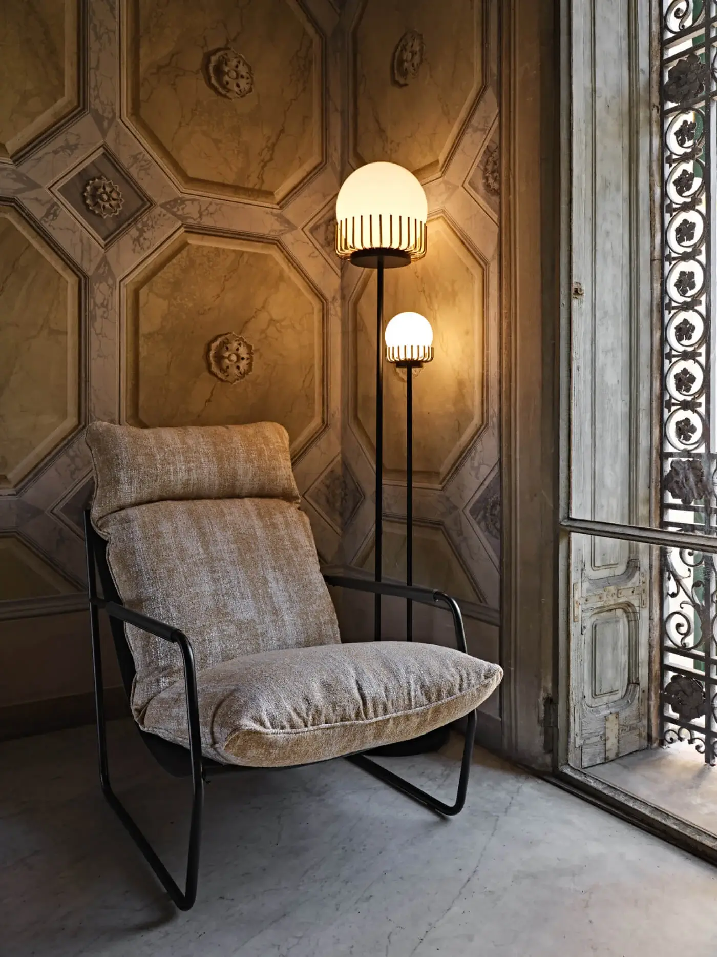 Superior Black Tie Lucy floor lamp with balanced silhouette and refined opal glass diffusers in a matte black finish