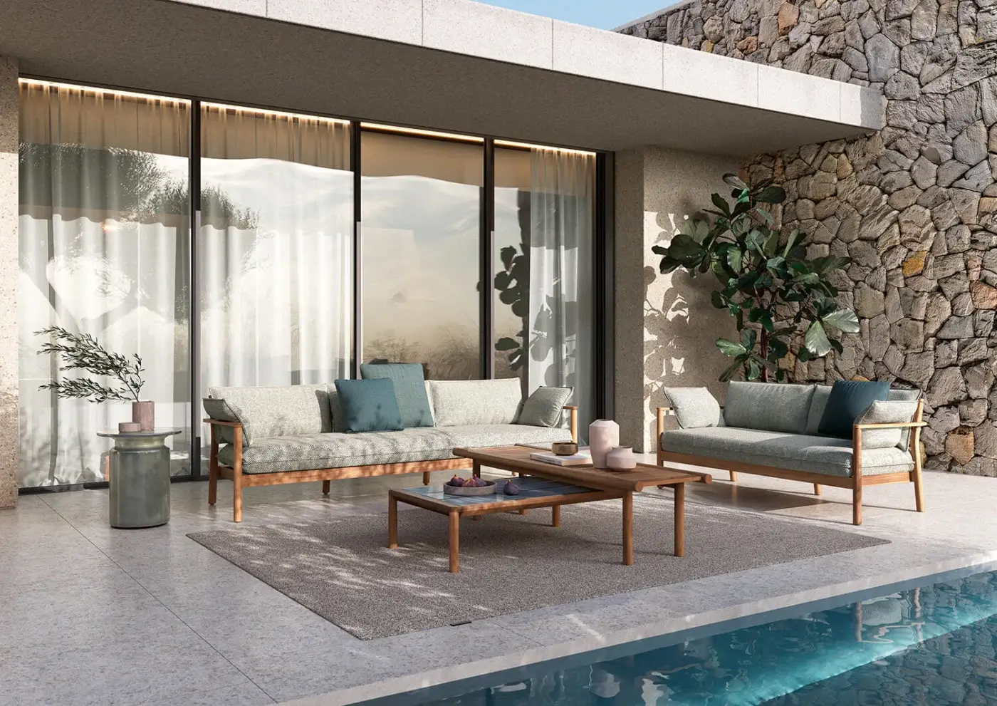 Distinguished Atmosphera Panama sofa with solid teak structure, light grey woven fabric and two square teal cushions with a satin finish