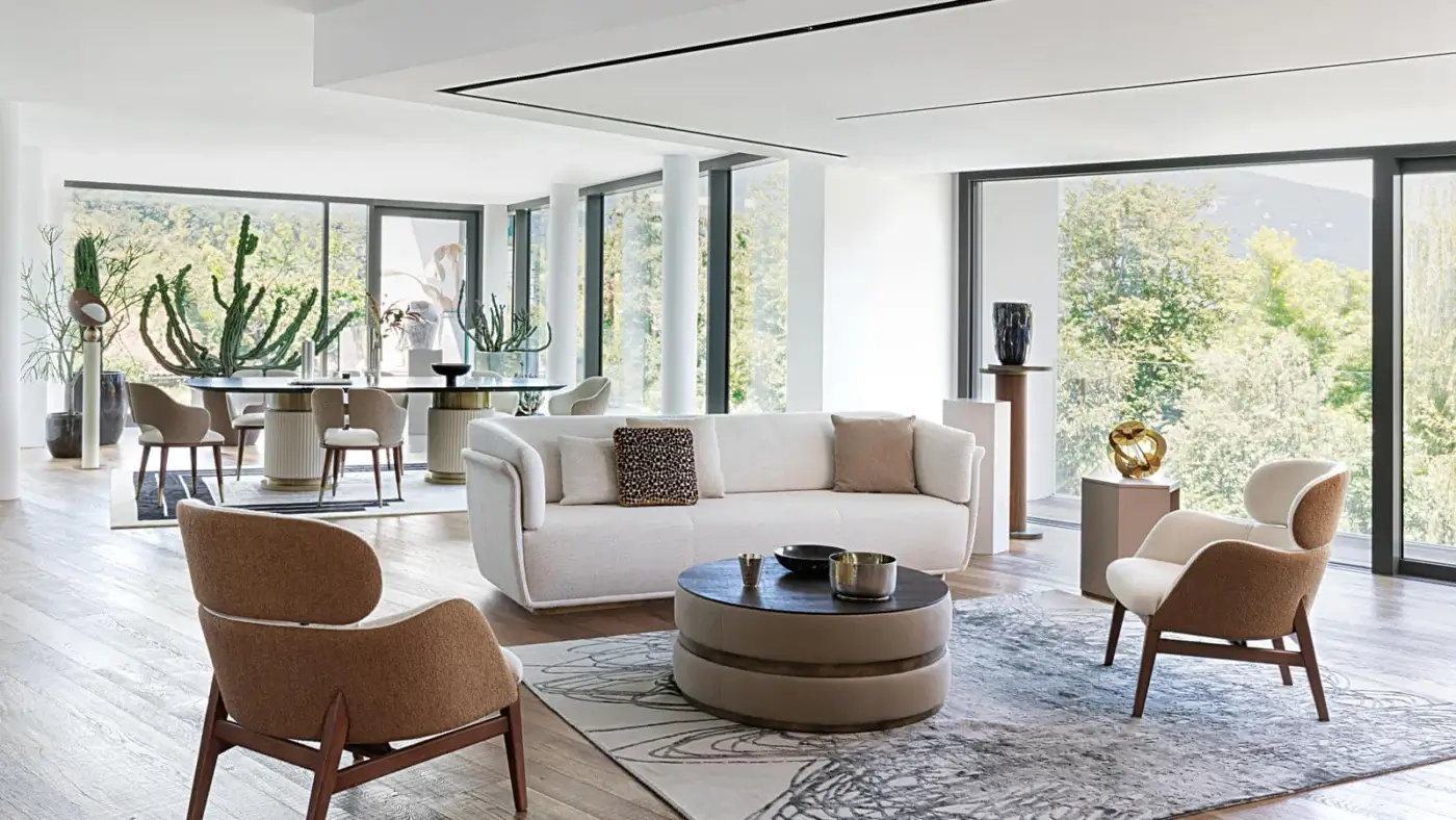 Superior Capital Cookie Coffee Table with dark-toned wood tabletop and beige fabric upholstery in a smooth matte finish