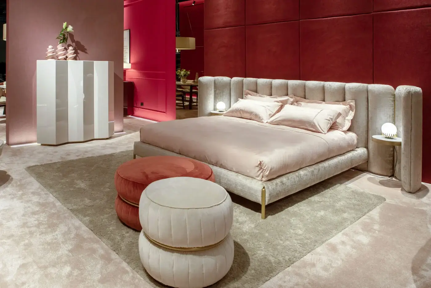 Superior Black Tie Ibisco bed crafted from poplar wood with muted gray textile upholstery and gold-toned metal detailing