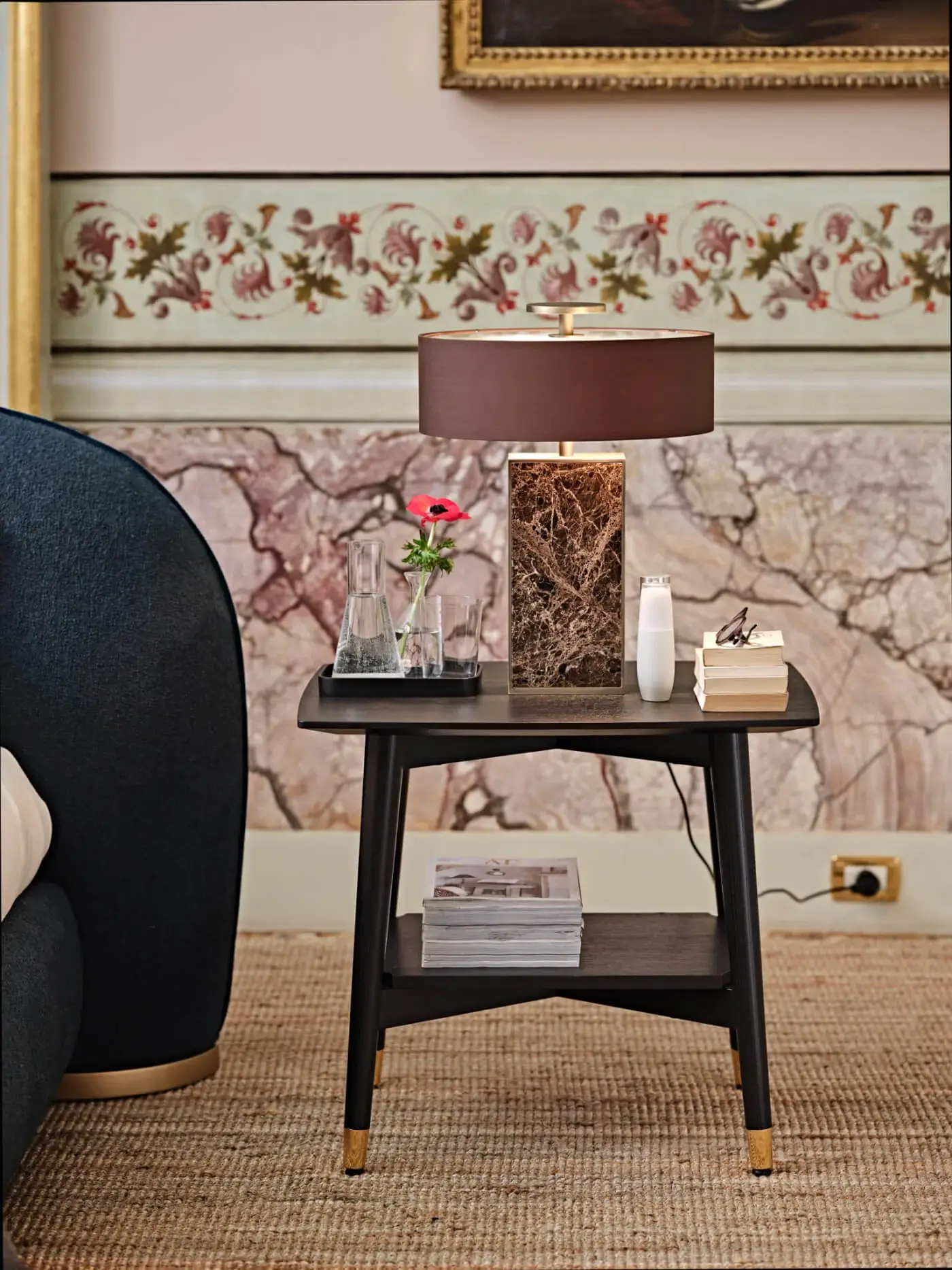Distinguished Black Tie Diva table lamp with Emperador marble encased in a dark wood frame and textural dark brown hard-fabric lampshade