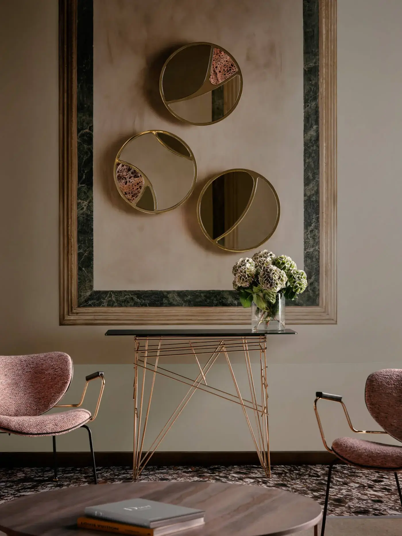 Elegant Black Tie Delta mirrors built with Emperador marble, polished gold-toned metal and mirrored surfaces crafted in Italy