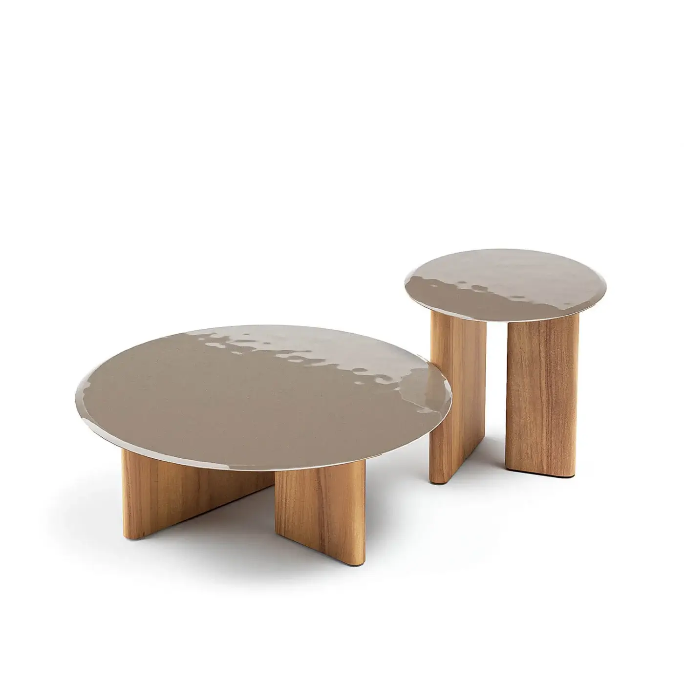 Superior Atmosphera Materia side table with brownish-grey glossy glazed lava stone tabletop and solid Asian Teak base