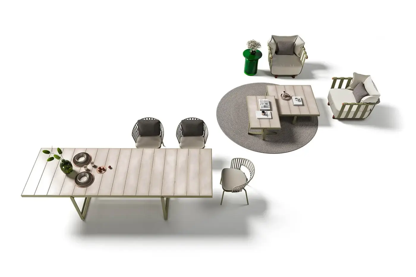 Distinguished Atmosphera Capri table with glossy glazed lava stone slats and a durable solid aluminum base in light beige coloration