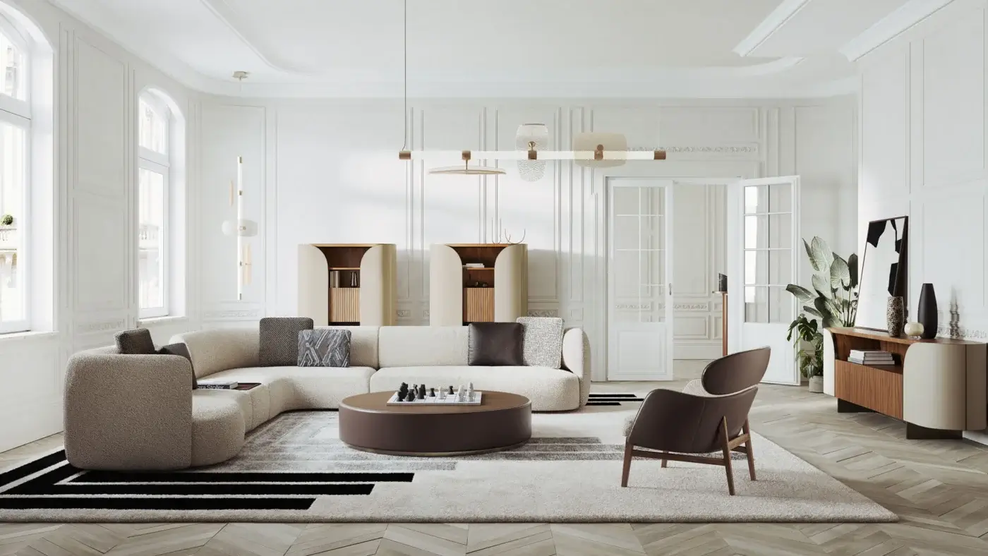 Refined Capital Dafne lounge chair with enveloping form crafted in light gray-beige textured textile and solid wooden frame