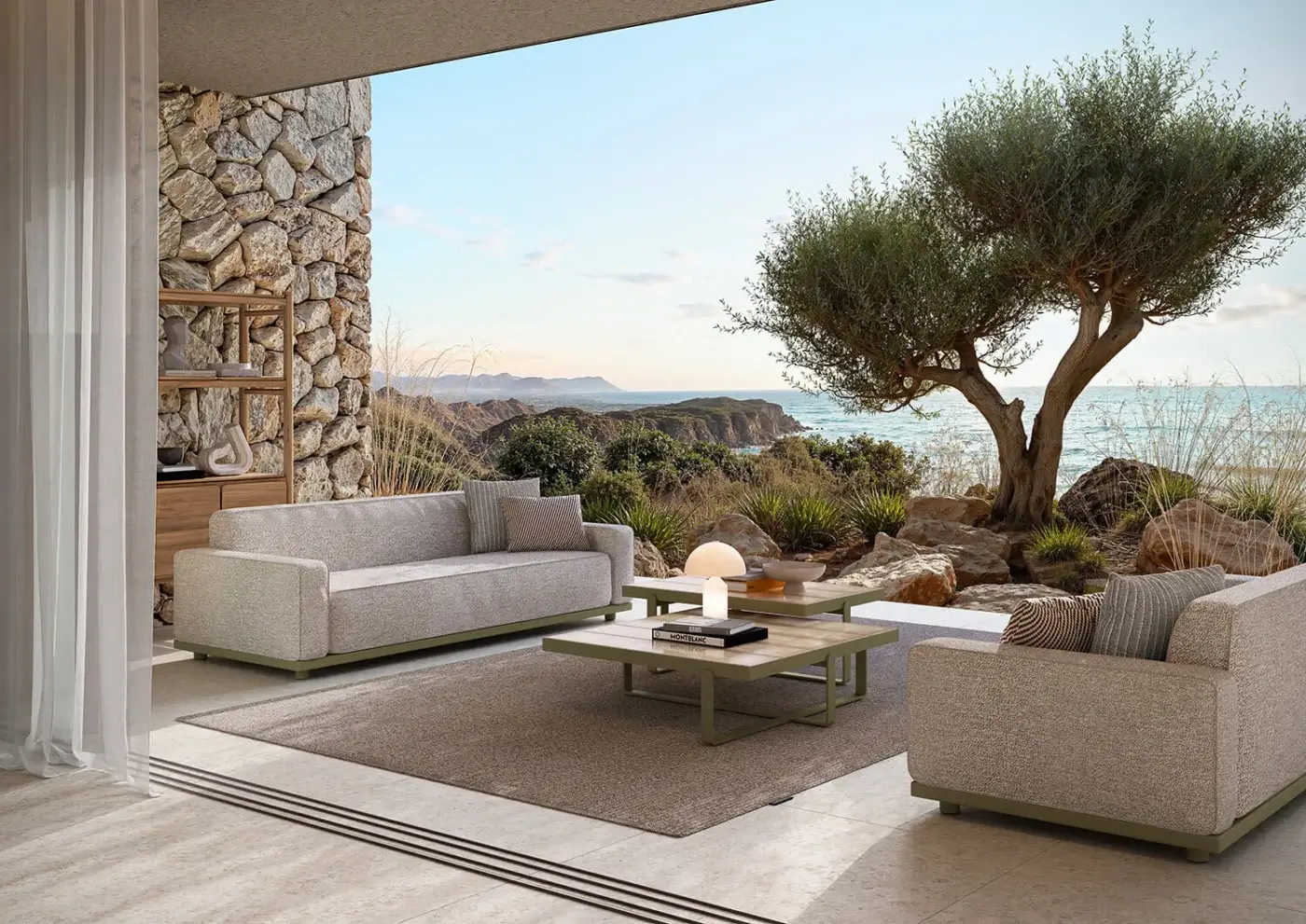 Superior Atmosphera Laguna sofa with textured light gray textile upholstery and minimalist clean lines