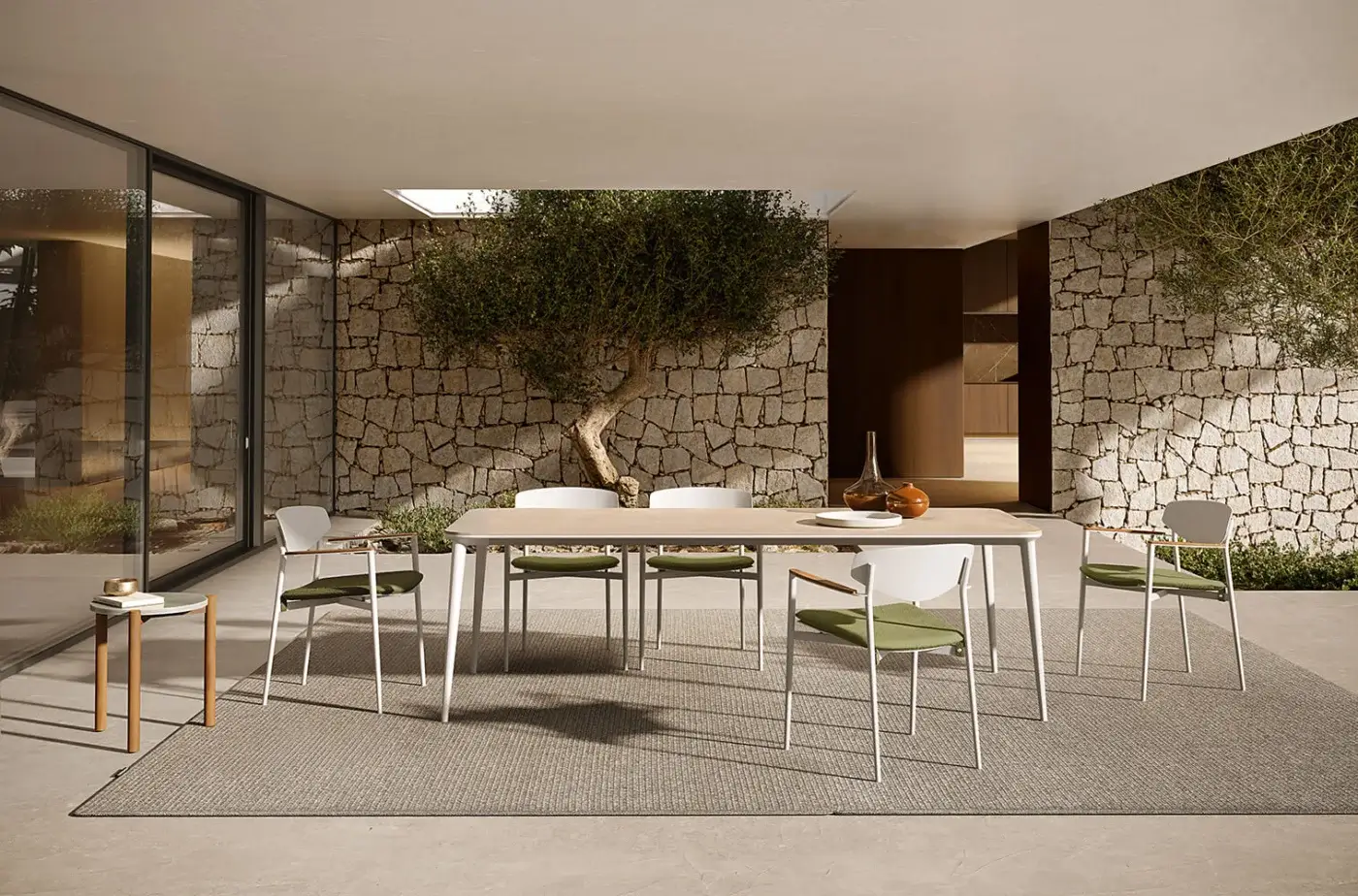 Exceptional Atmosphera Origami armchair with woven olive-green fabric and smooth satin aluminum shell