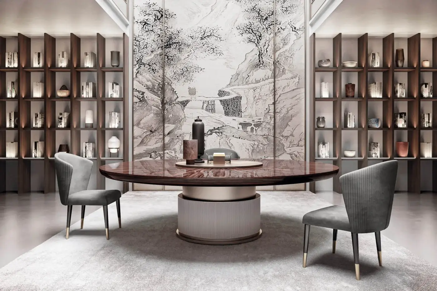Distinguished Capital Rock table with reddish-brown wood, light wood border and neutral gray leather upholstery in glossy finish