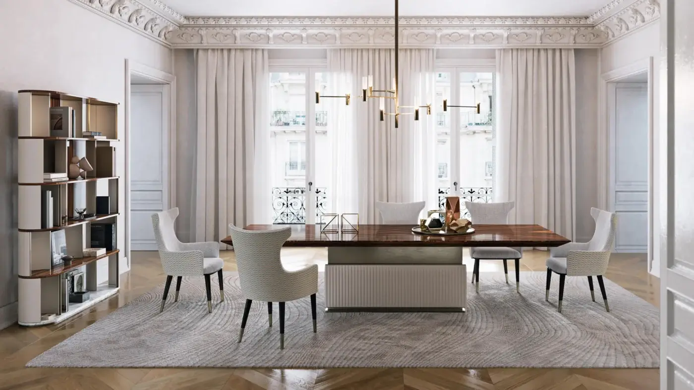 Distinguished Capital Rock table with dark brown wood, satin finish and light-toned leather upholstery
