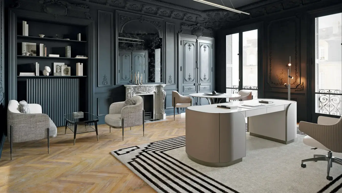 Distinguished Capital Oxford lounge chair with muted grey textile upholstery and splayed wooden legs in a satin finish