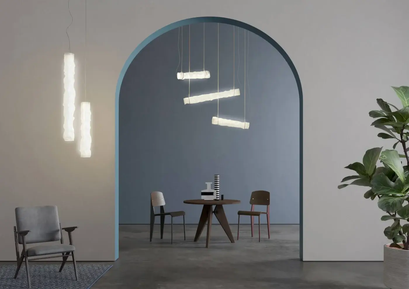 Superior Contardi Baggy Vertical suspension lamp crafted in double-satin polycarbonate with a neutral white finish