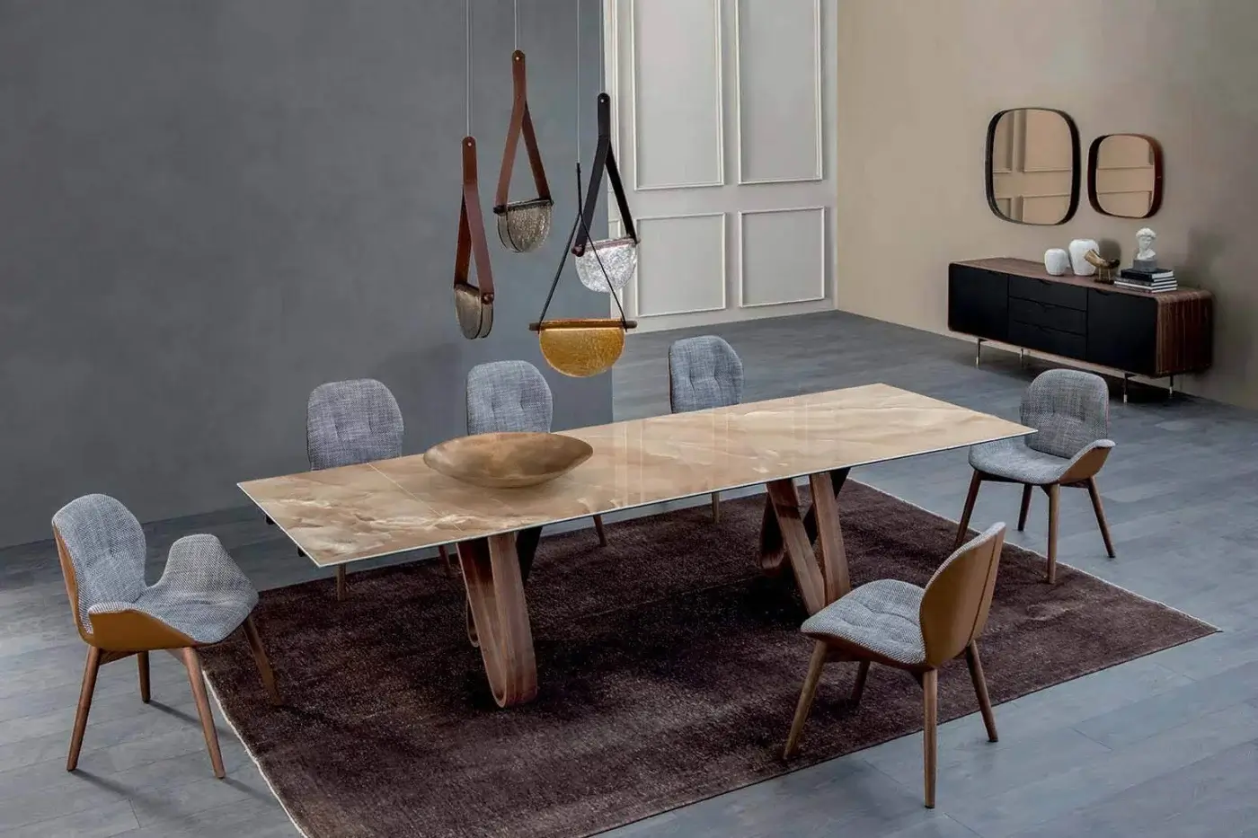 Superior Tonin Casa Butterfly Ext table built in travertino with a polished ceramic tabletop and warm beige brown hues