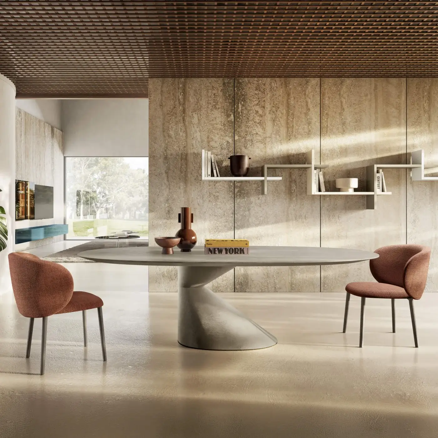 Sophisticated Lago Chapeau oval table in light grey matte finish with cantilevered top and sculptural asymmetrical base