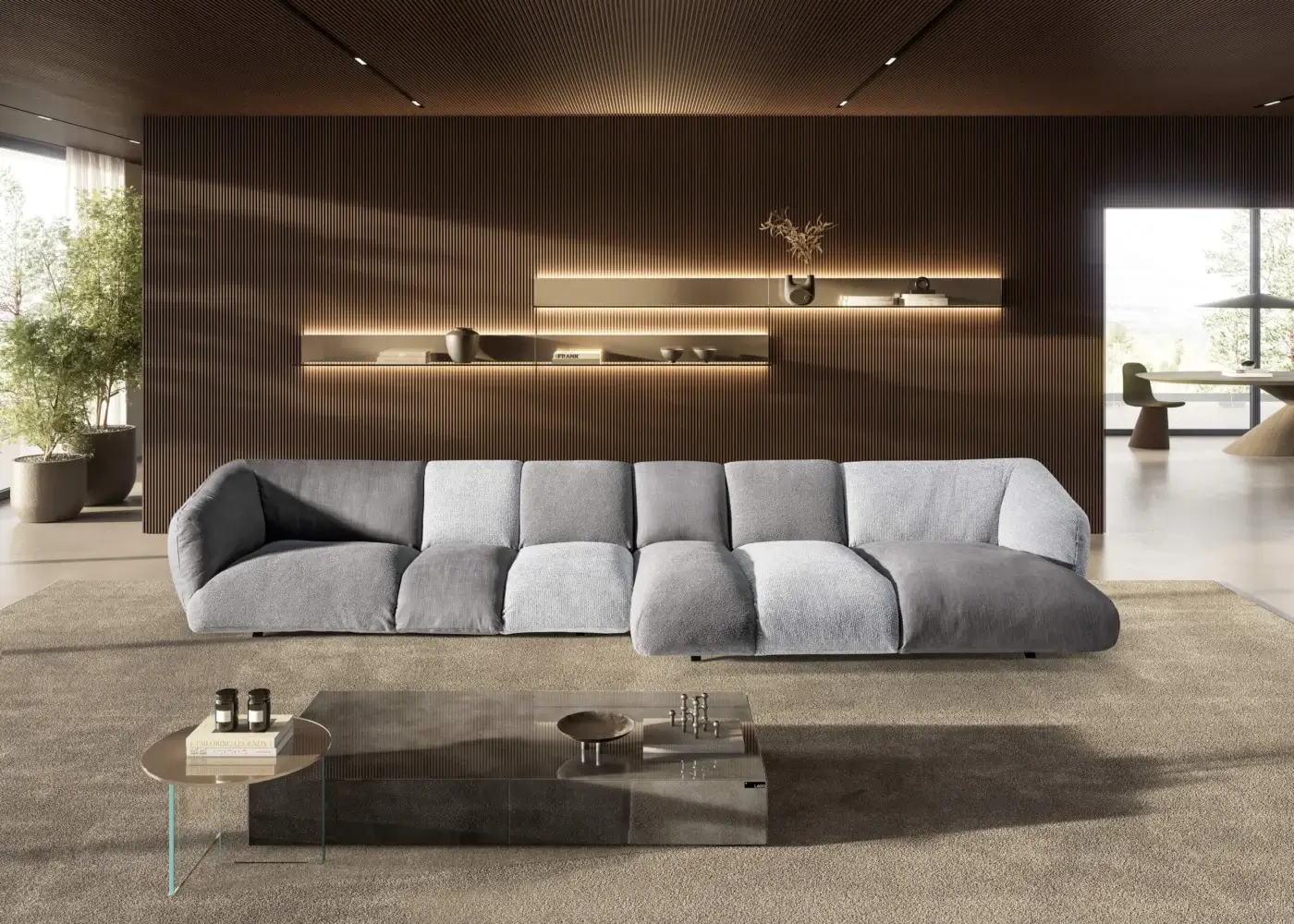 Exclusive Lago Not Only White sectional with light-grey LAGO fabric and rounded low‑profile silhouette