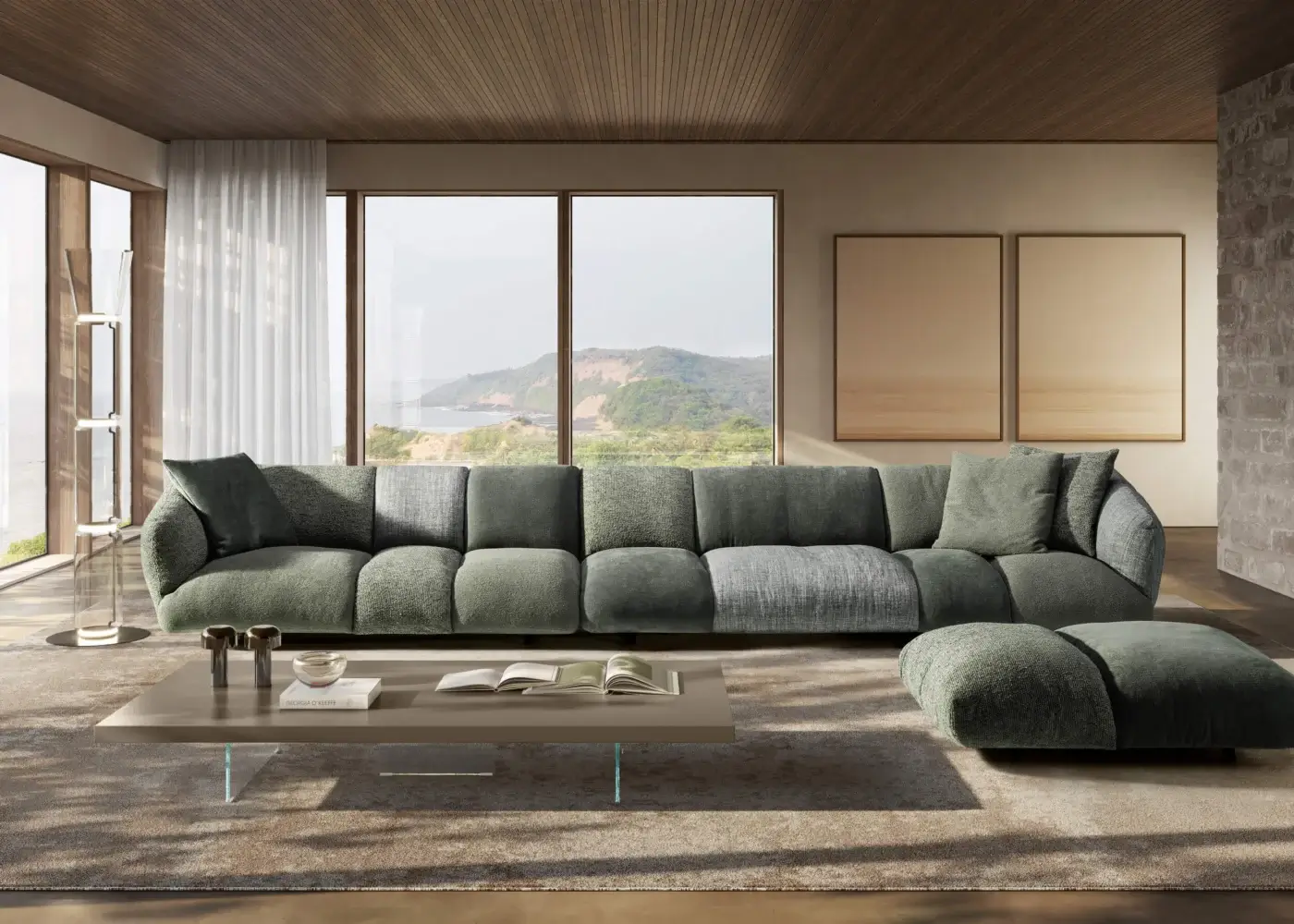 Luxury Lago Not Only White sectional in muted sage‑green with matte textile finish and deep padded cushions and low backrest.