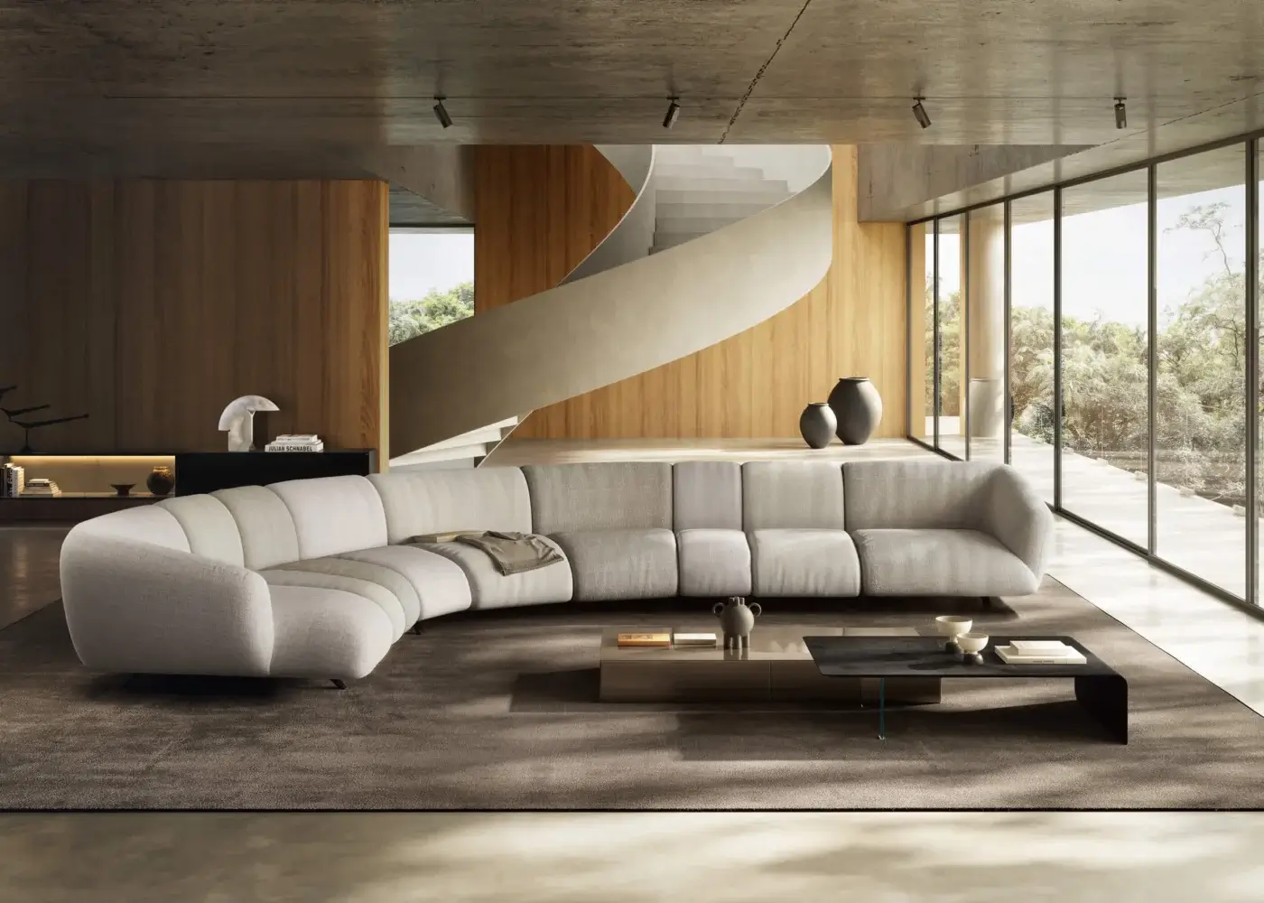 Premium Lago Not Only White sectional with cream‑toned LAGO upholstery, matte textile finish, low‑to‑ground curved silhouette