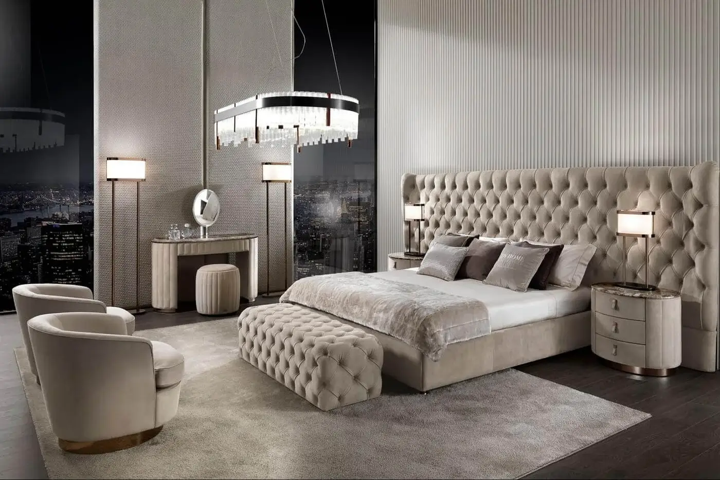 Exceptional DV Home Collection Vogue nightstand with three drawers and stainless steel base in shaded satin finish with supple leather