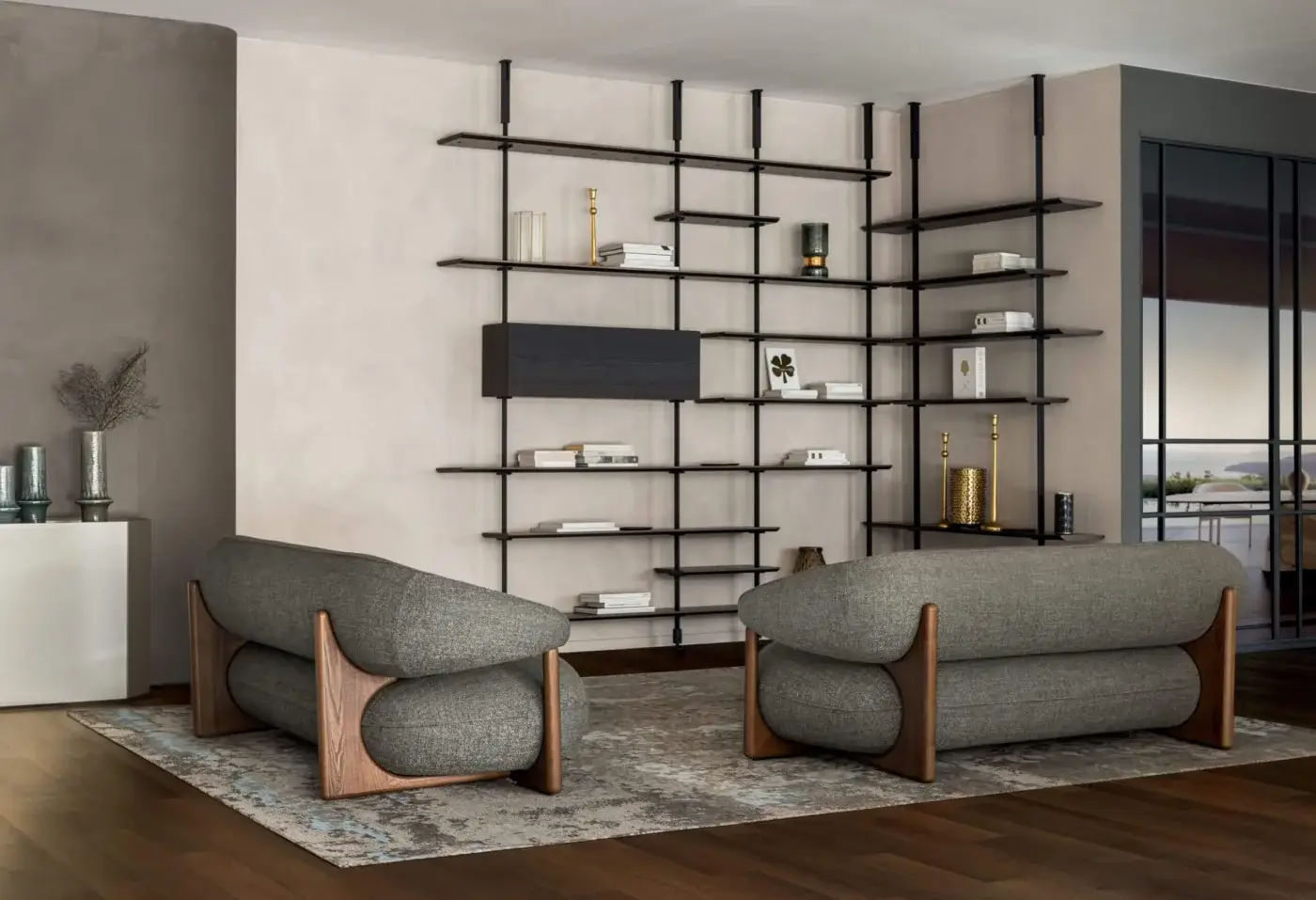 Luxury Cattelan Italia Ruby Sofa with low‑profile silhouette curved back, heathered grey upholstery, visible‑grain wood frame