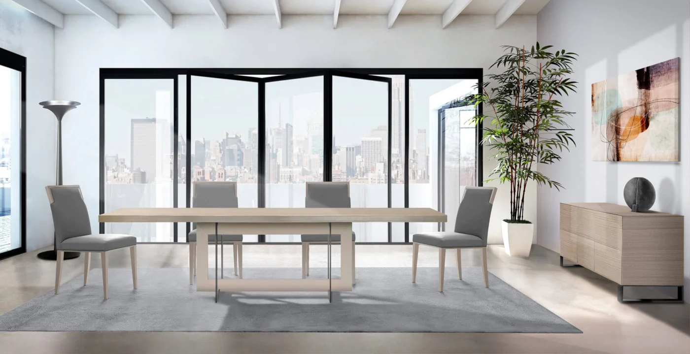 Luxury Costantini Pietro Concept chair with light-grey textile seat, smooth backrest, slender legs and matte beech wood frame