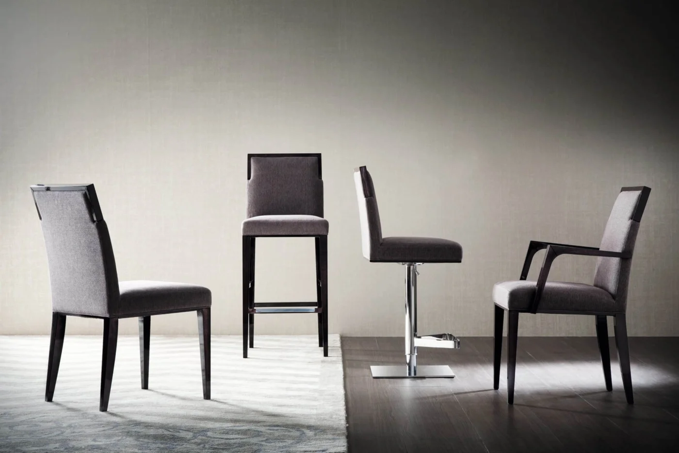 Elegant Costantini Pietro Concept chair & armchair with beech wood frame high‑gloss finish and matte dark taupe upholstery
