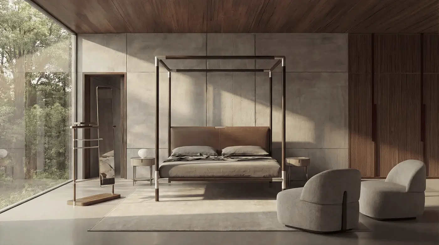 Prestige Alivar Arboré bed with canopy featuring ash wood frame, chrome accents, MDF headboard polyurethane, brown textile