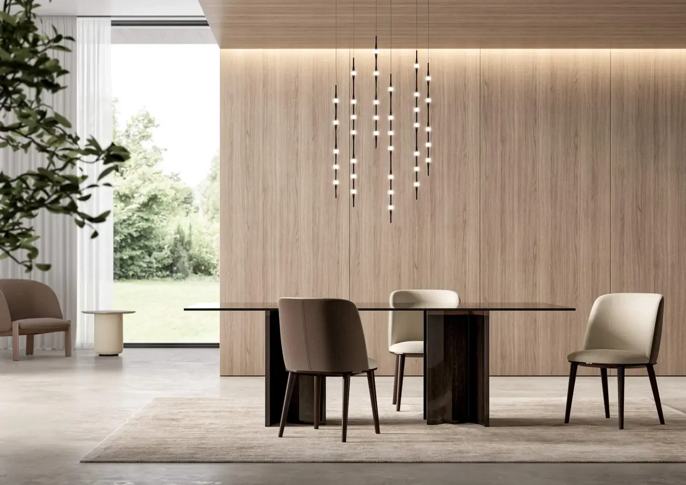 Luxury Costantini Pietro Kaleido chair with soft off‑white textile shell, polished beechwood base and tapered legs
