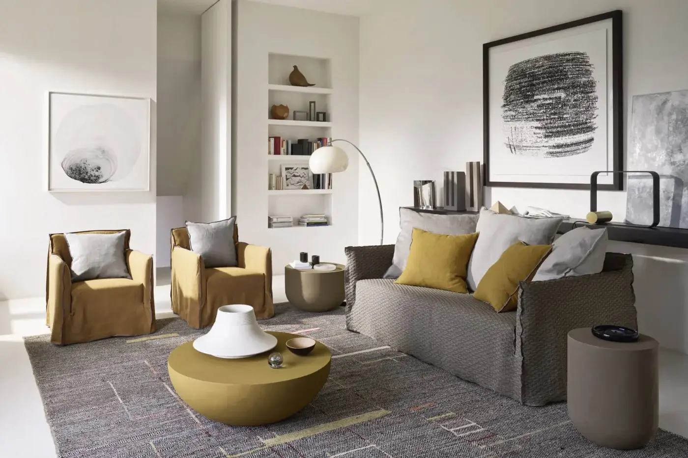Sophisticated Gervasoni Ghost lounge chair in ochre mustard yellow matte textile with light grey Dacron down cushions