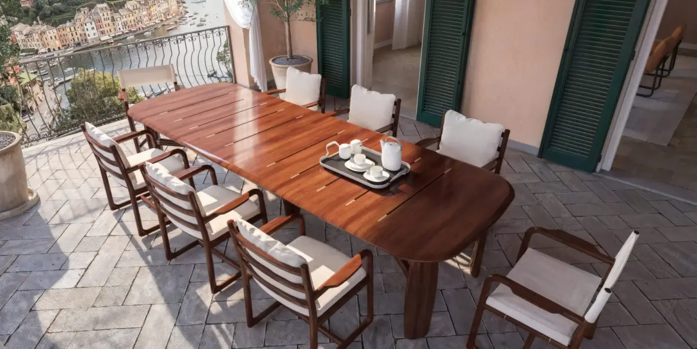 Elegant CPRN Homood Matheus table with medium-to-dark brown wood and satin-like finish, sinuous stretcher, tapered legs