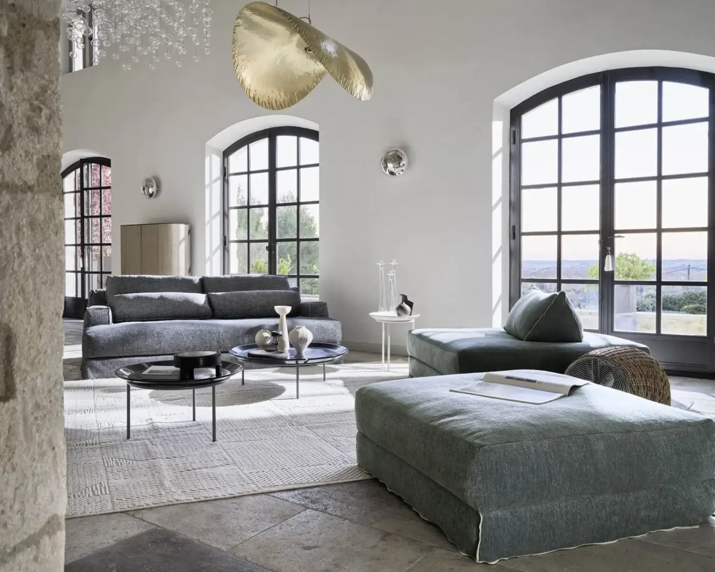 Luxury Gervasoni Loll sofa with wood frame, matte charcoal grey textile, subtle mottled finish, corners, piping, base